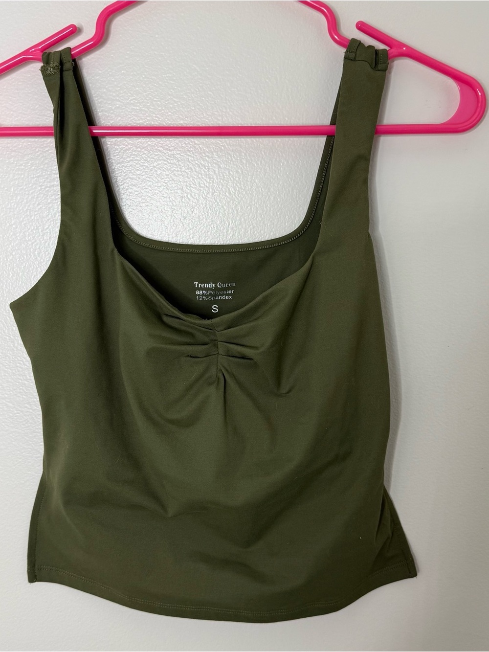 Trendy Queen Small Olive Green Workout Tank Slit Sides Rouched Neckline